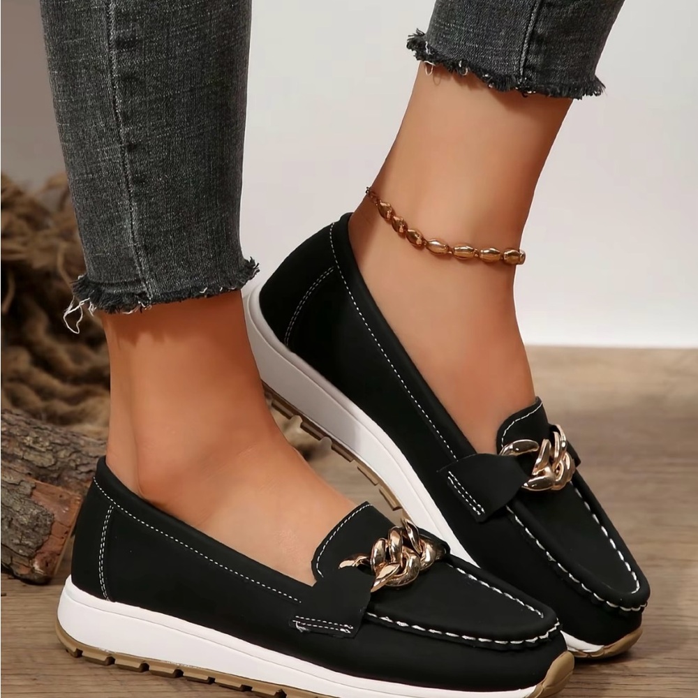 Brand new Black and Gold Flats with Chain Detail